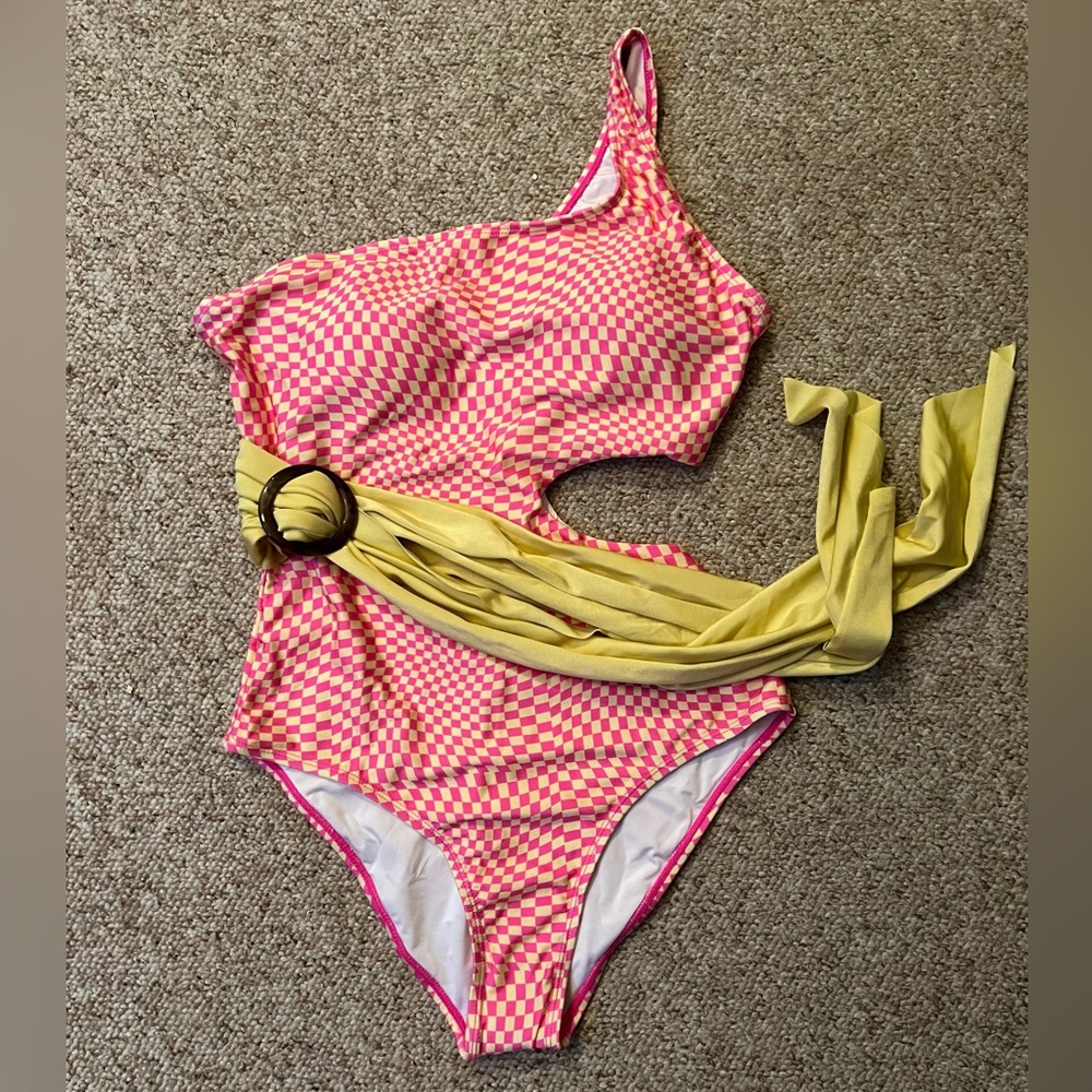 Pink and Yellow Checkered belt One Piece Swimsuit